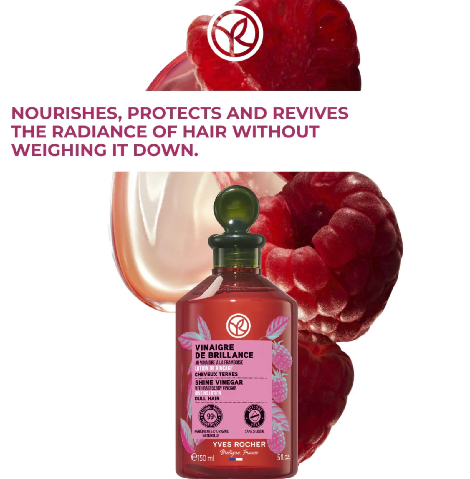 Yves Rocher Raspberry Shine on bathroom shelf suggests daily use for glossy hair