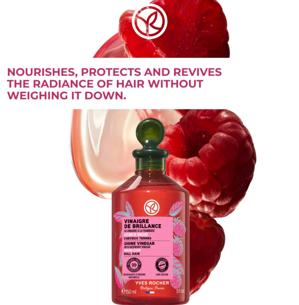 Yves Rocher Raspberry Shine on bathroom shelf suggests daily use for glossy hair
