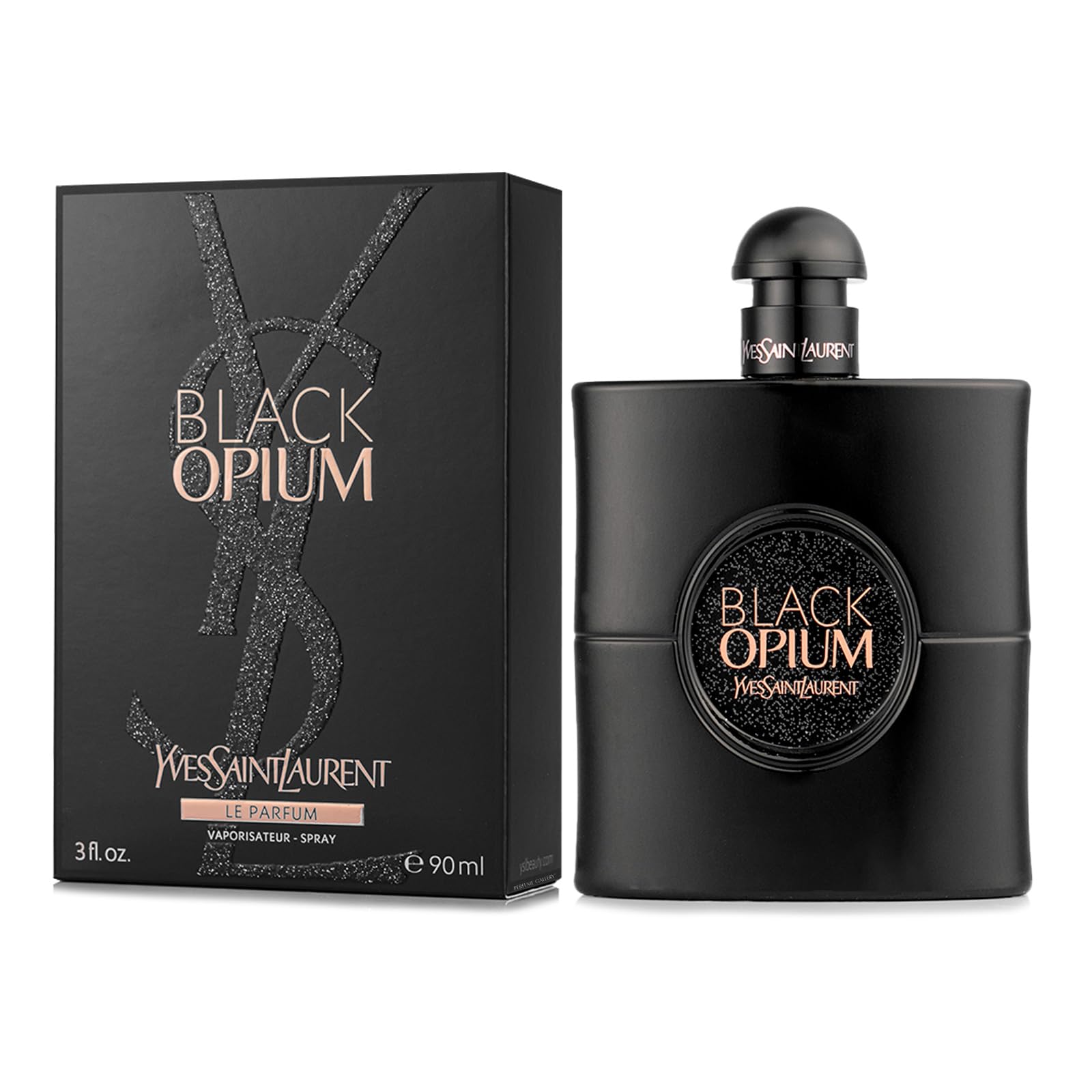 Yves Saint Laurent Black Opium Le Parfum bottle highlighting warm vanilla and coffee for evening wear.