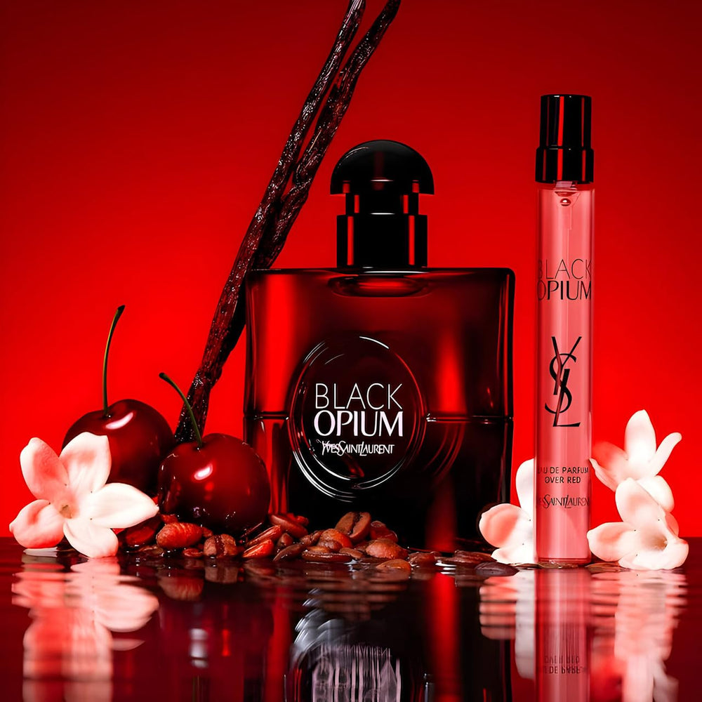Yves Saint Laurent Black Opium Over Red application pulse-points suggests long-lasting projection.
