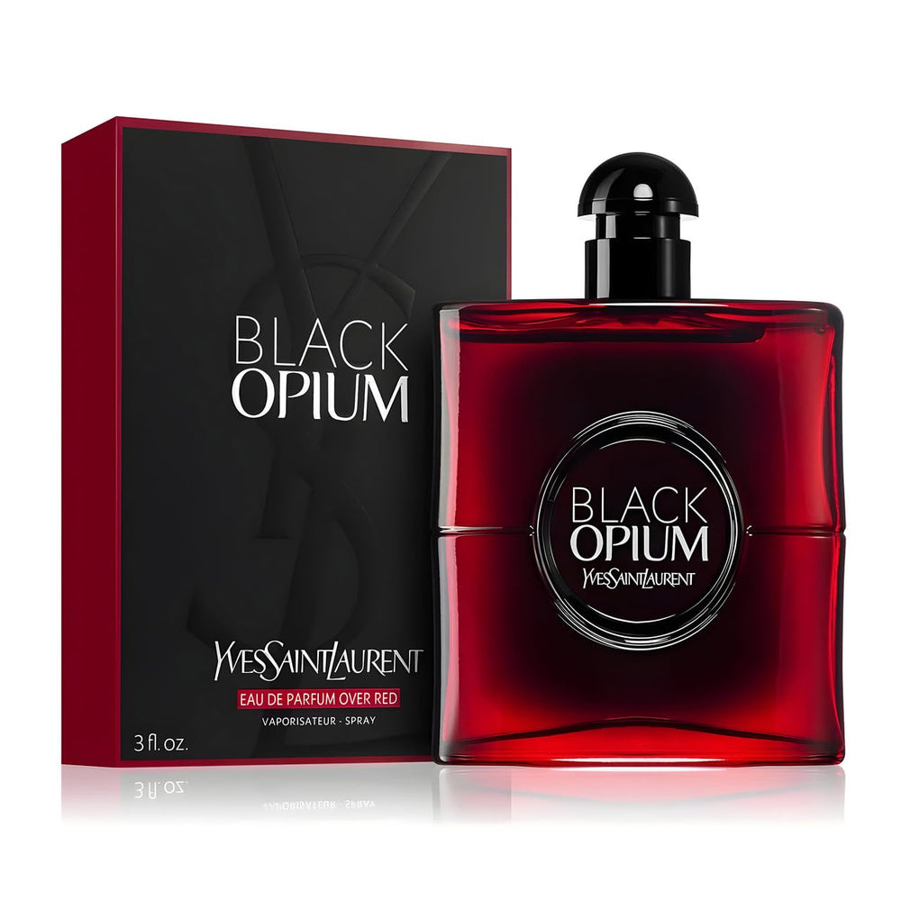 Yves Saint Laurent Black Opium Over Red perfume glass detail emphasizes deep coffee and vanilla notes.
