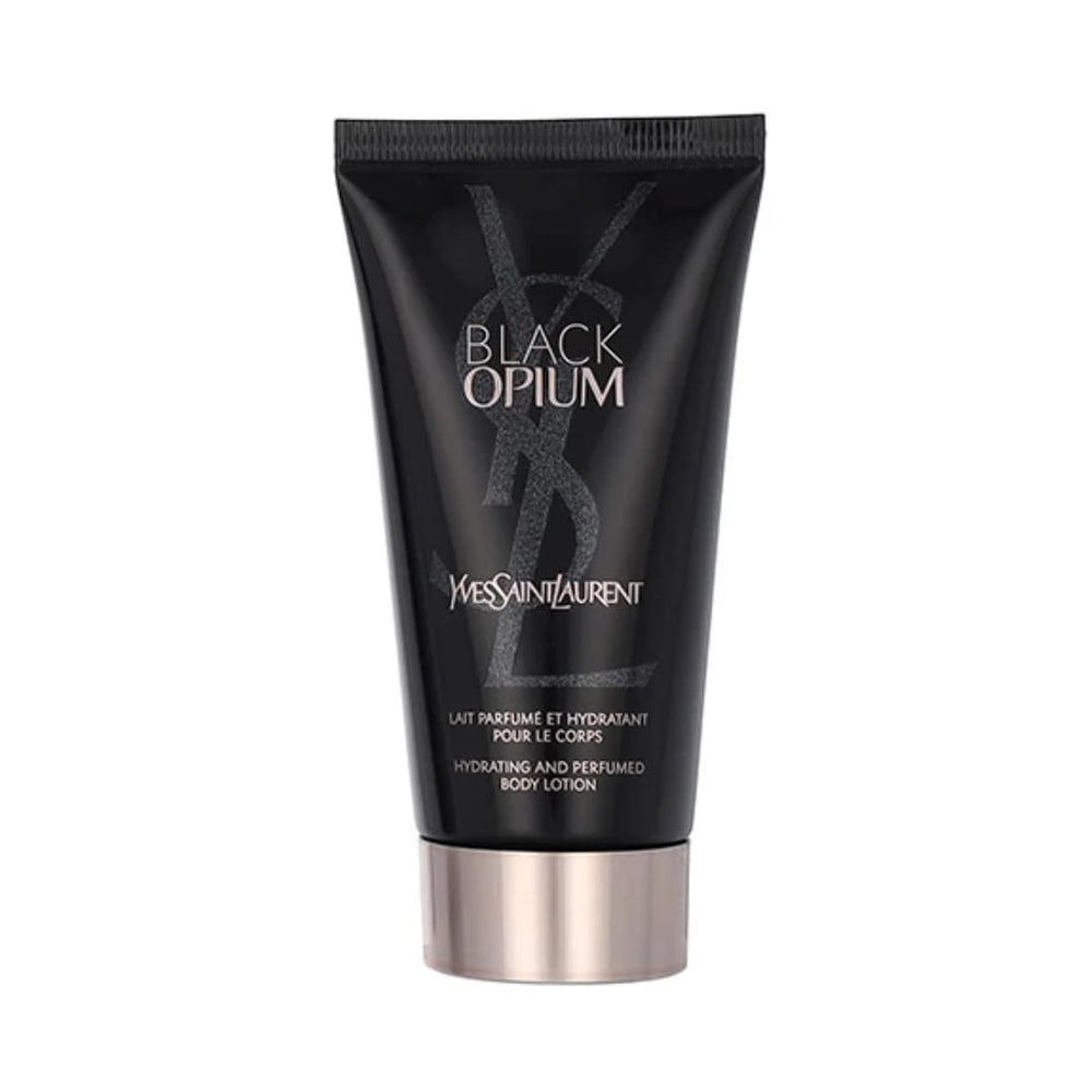 Yves Saint Laurent Black Opium shimmering moisture fluid on skin creating subtle glow and fragrance-ready finish.