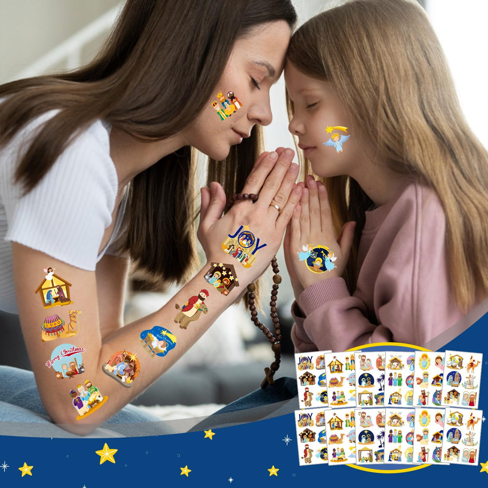 YYMYMGJ Nativity tattoos showcased on glasses and clothes for festive flair.