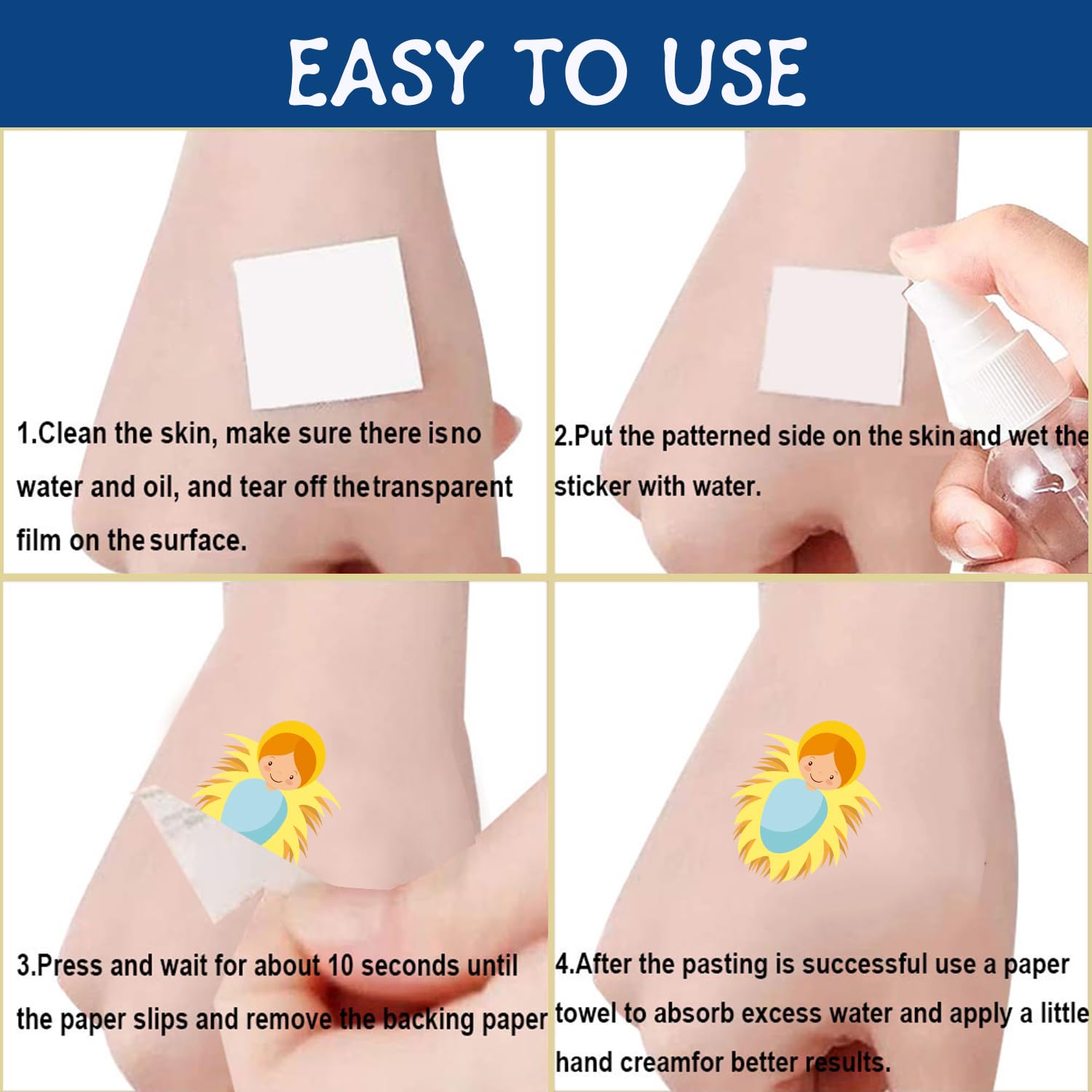 YYMYMGJ Nativity tattoos applied to skin and accessories with water-activation.