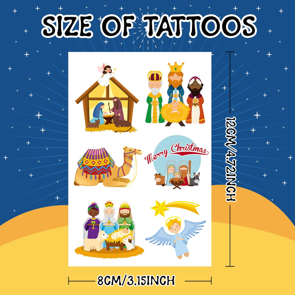 YYMYMGJ Nativity tattoos packaging showing 12 sheets ready for gifting.