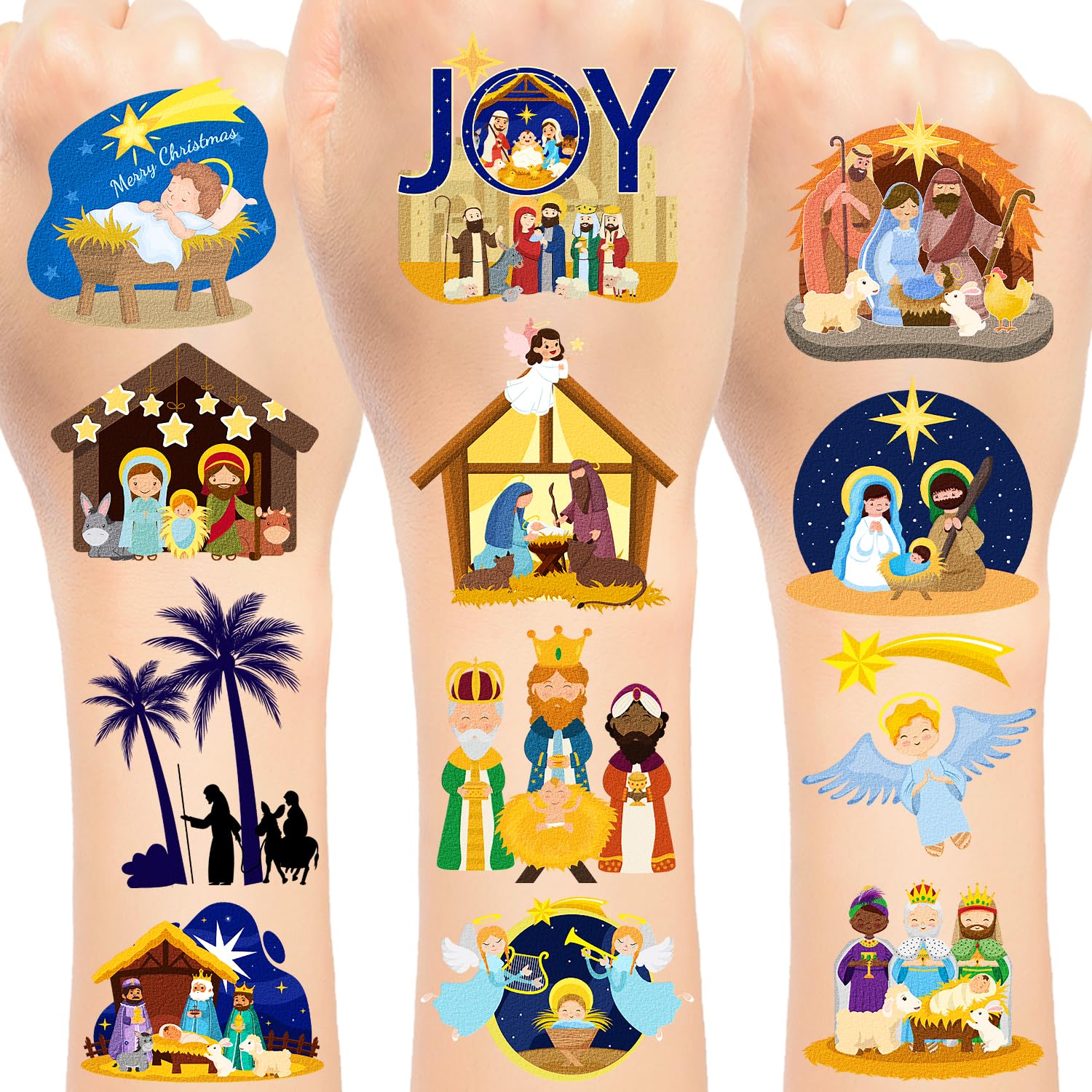 YYMYMGJ Nativity tattoos sheet front view for festive decoration ideas.