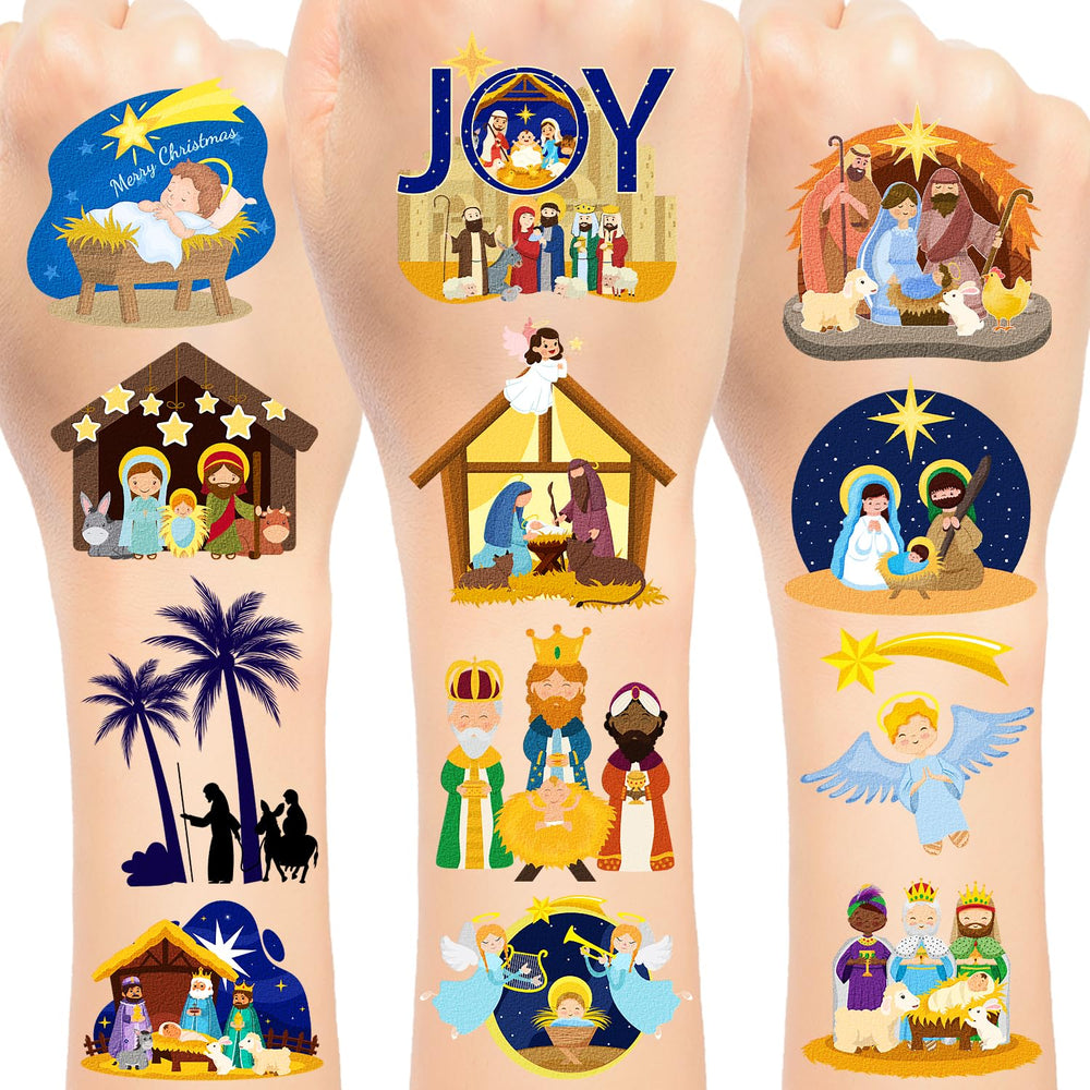 YYMYMGJ Nativity tattoos sheet front view for festive decoration ideas.
