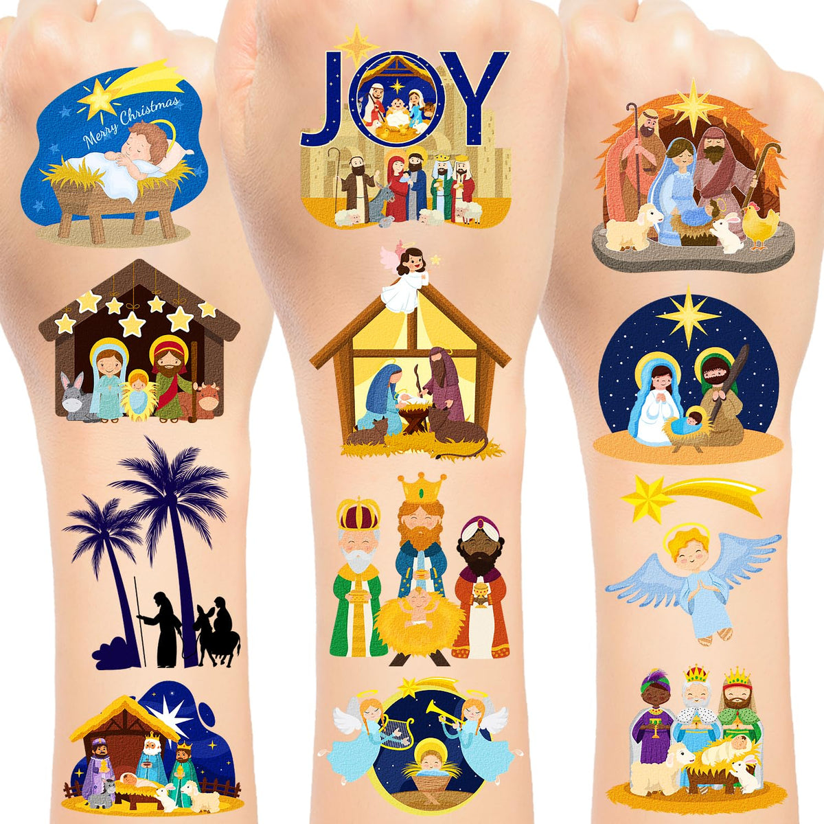 YYMYMGJ Nativity tattoos sheet front view for festive decoration ideas.