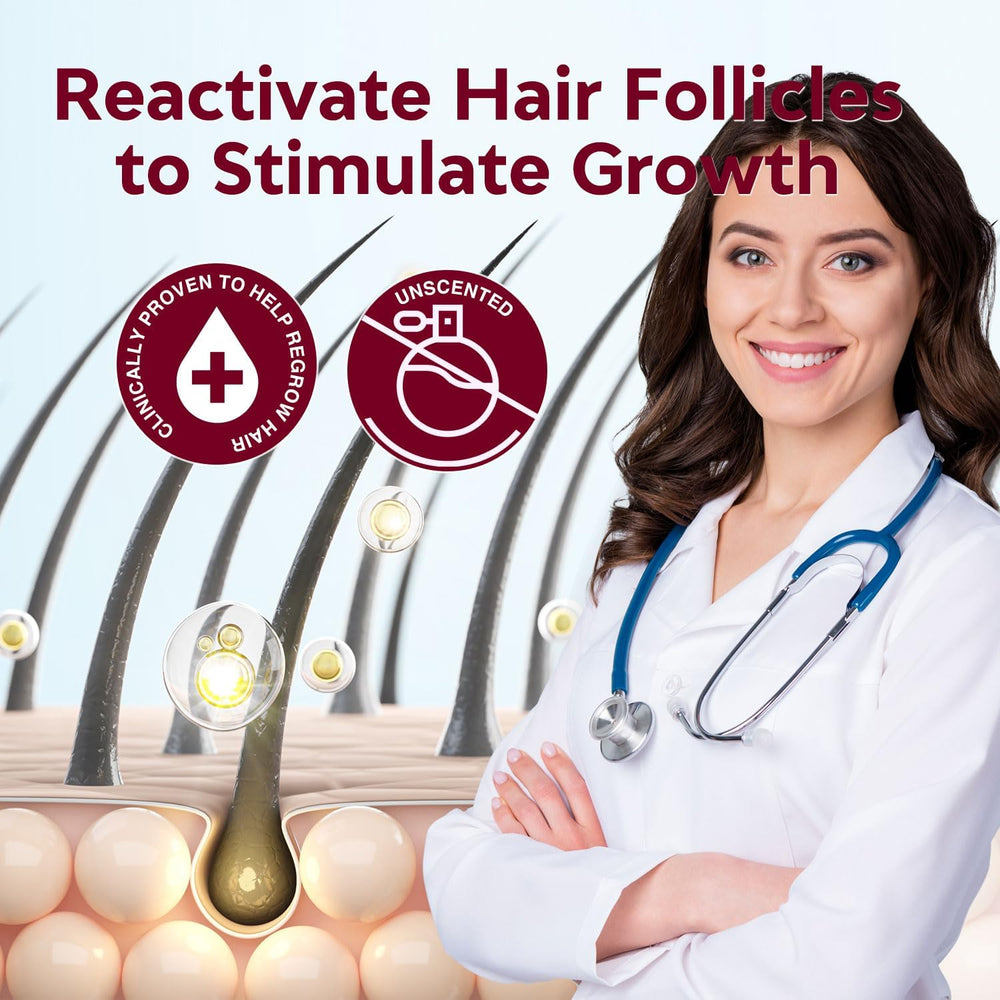 Yzmoffer 5% Minoxidil Spray application on scalp demonstrating quick absorption.