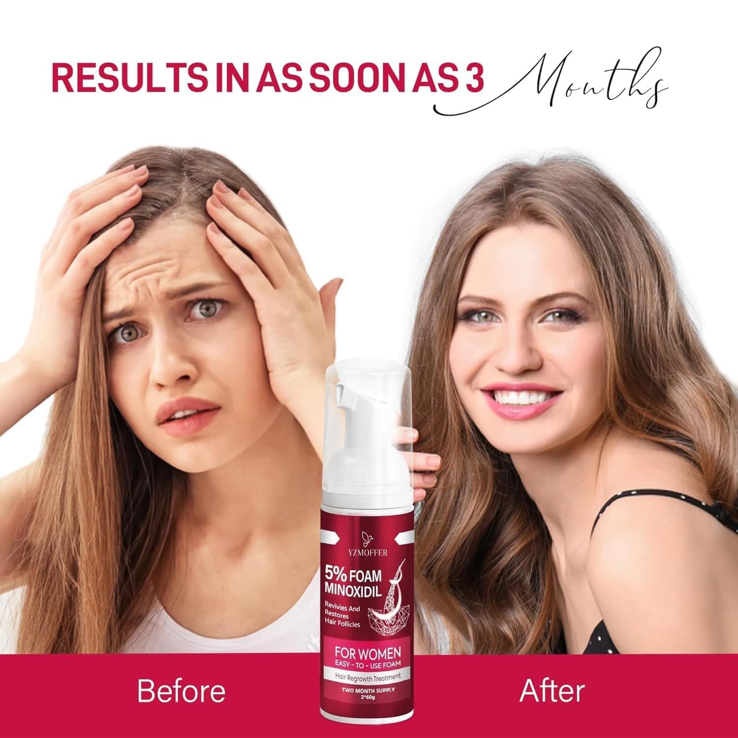 Woman applying Yzmoffer foam, illustrating simple routine for fuller-looking hair.