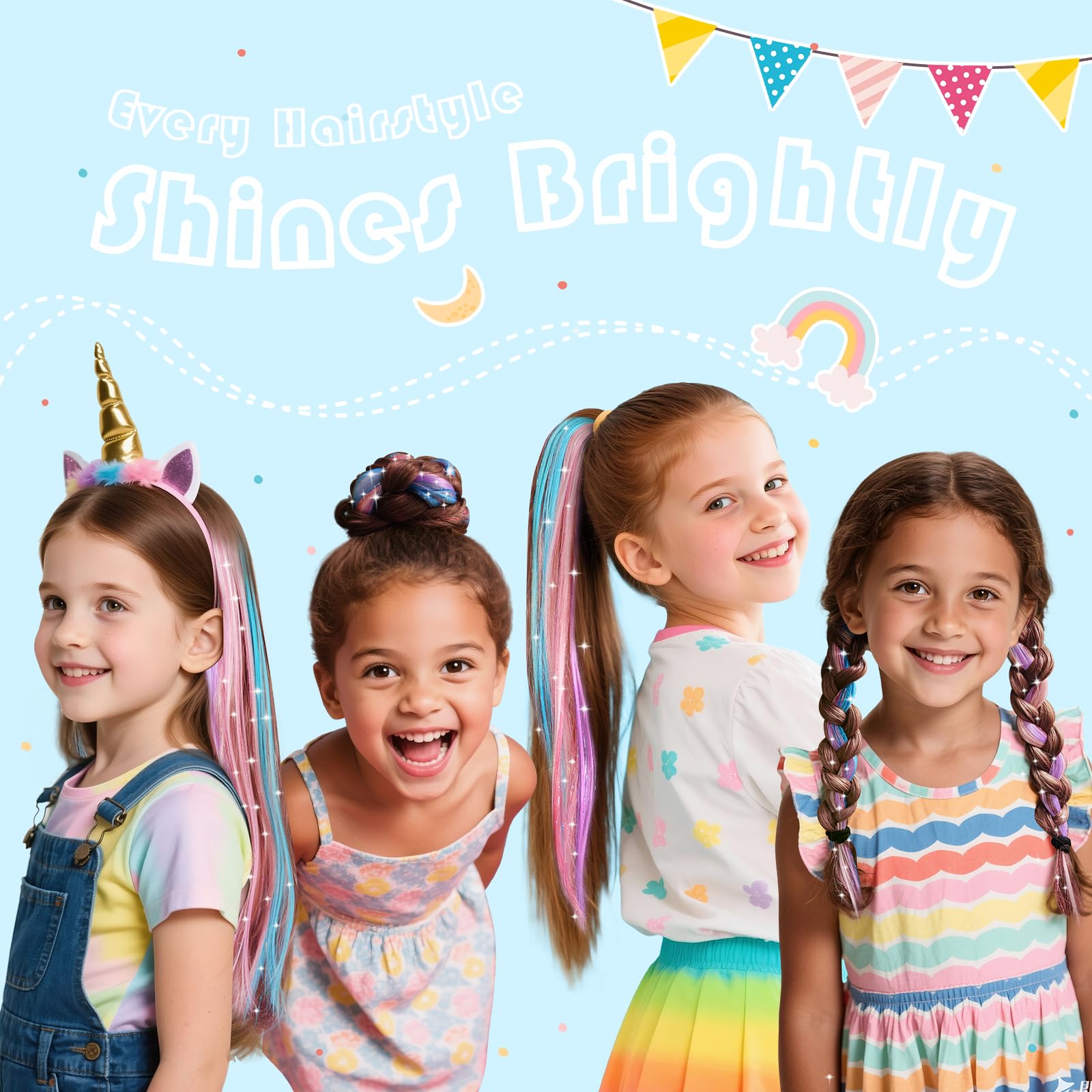 Z-CHARMMY sparkling rainbow tinsel adds eye-catching shimmer to hair.