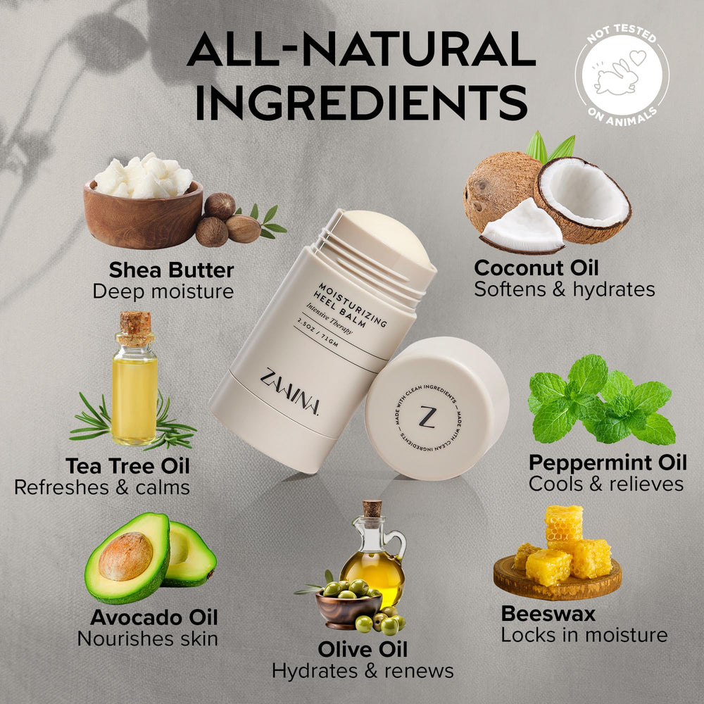 ZAAINA Intensive Heel Balm Stick applied to dry heel for smoother skin.