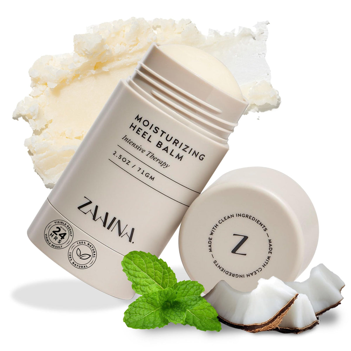 ZAAINA Intensive Heel Balm Stick packaging showcases travel-friendly foot care.