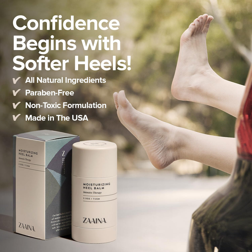 ZAAINA Intensive Heel Balm Stick with tea tree and peppermint for soothing feet.