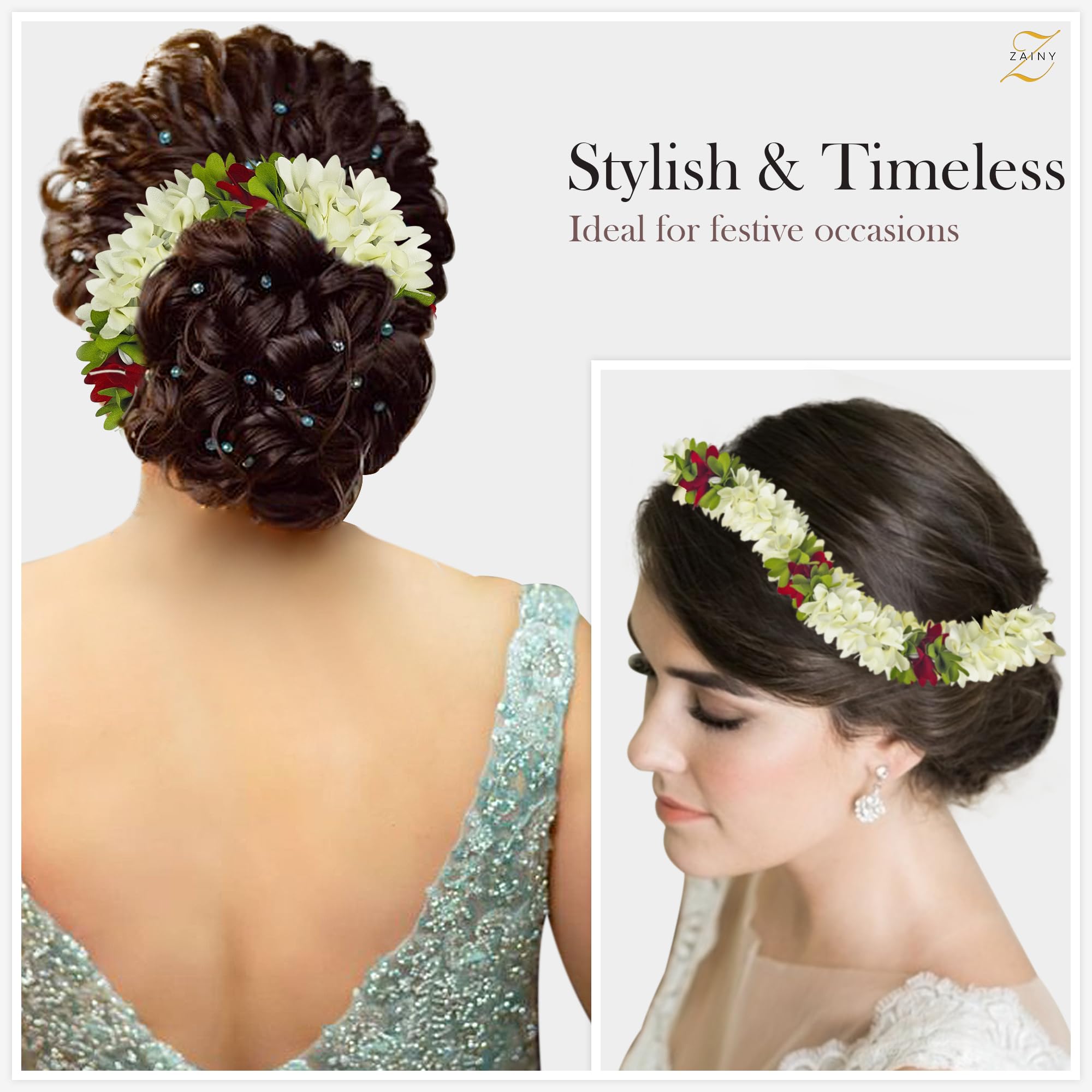 ZAINY bridal hair gajra flower complements lehenga or sari outfits
