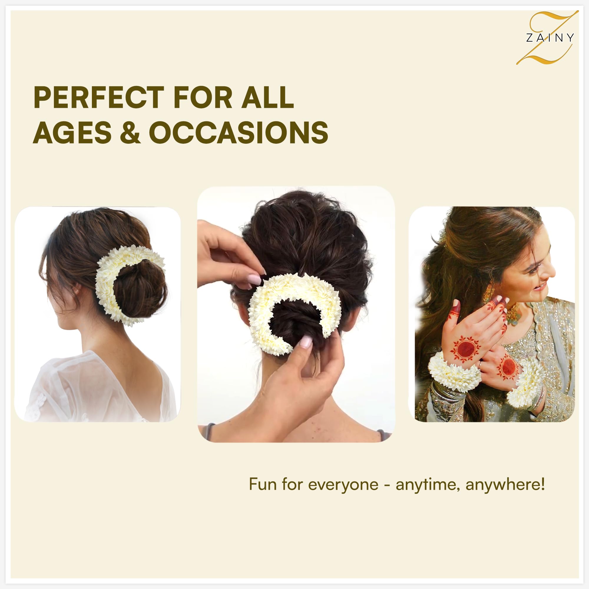 ZAINY Gajra for hair buns easy attachment and secure fit.