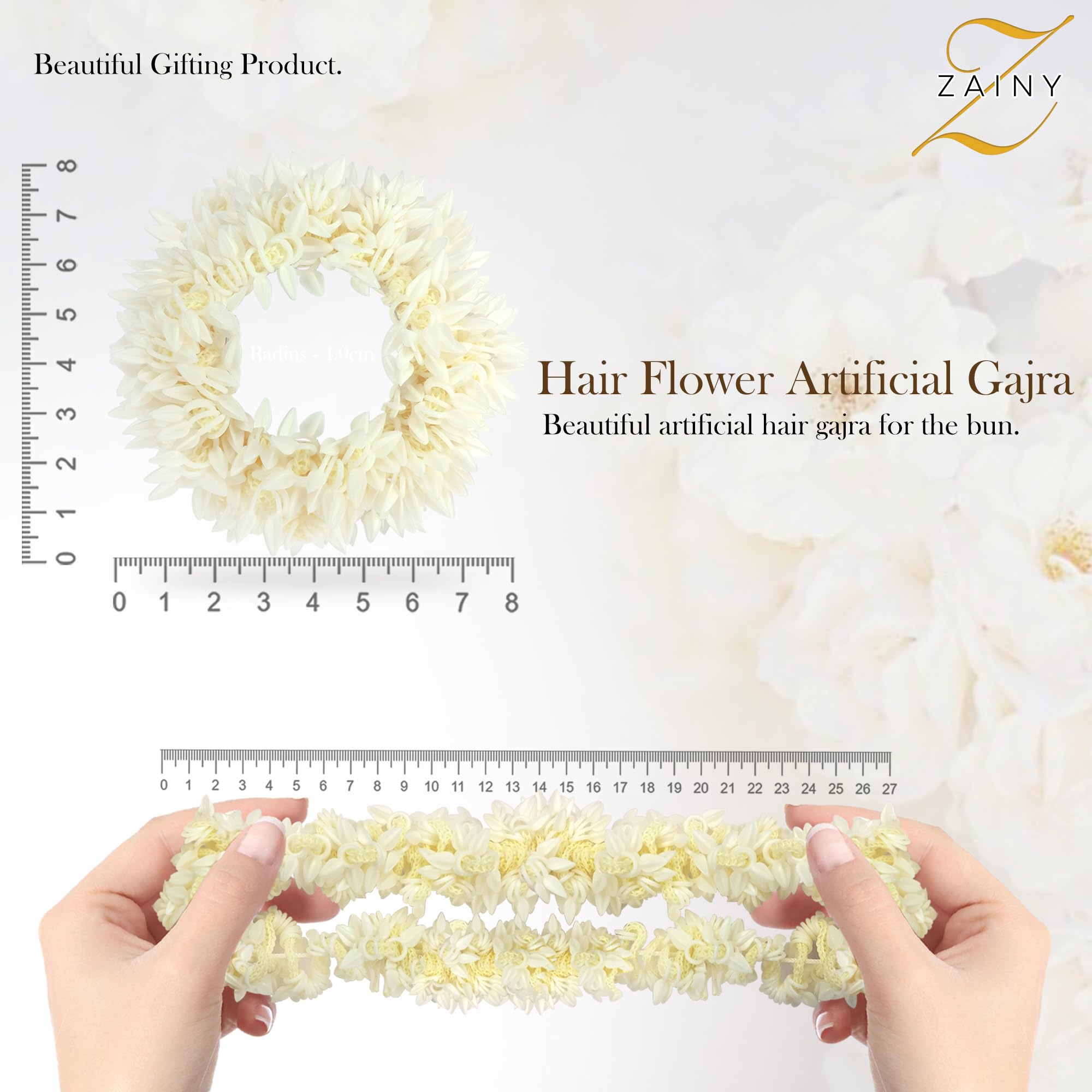 ZAINY Gajra jasmine flowers lightweight attachment for easy wear in buns or braids.