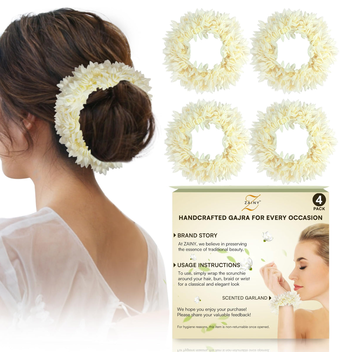 ZAINY Scented Mogra Gajra realistic jasmine flowers for weddings and daily wear.
