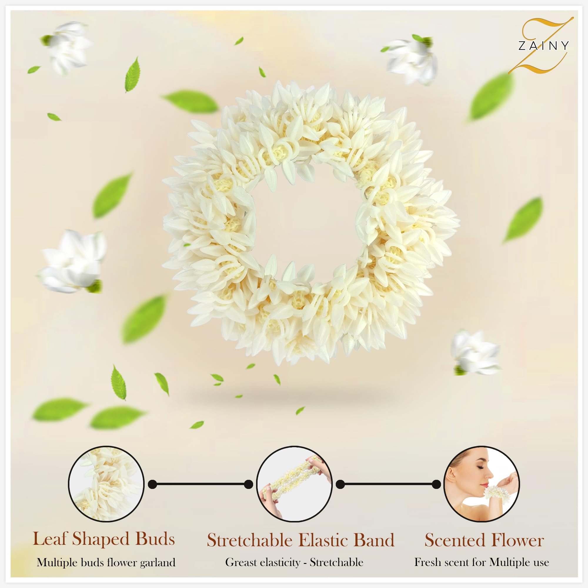 ZAINY Mogra Gajra reusable artificial jasmine set for festivals and special occasions.