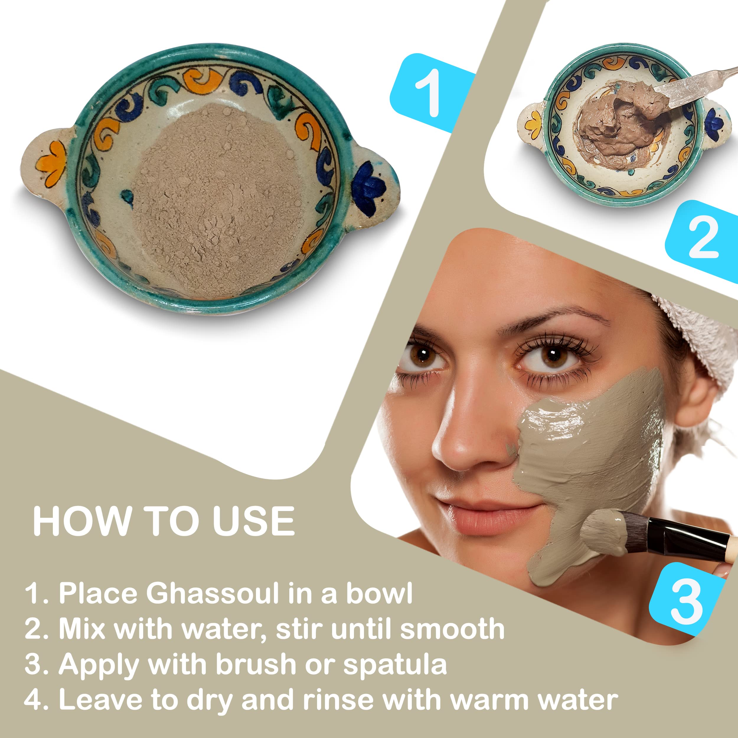 Zakia's Morocco Ghassoul Clay Mask application on face shows even layer and cooling feel
