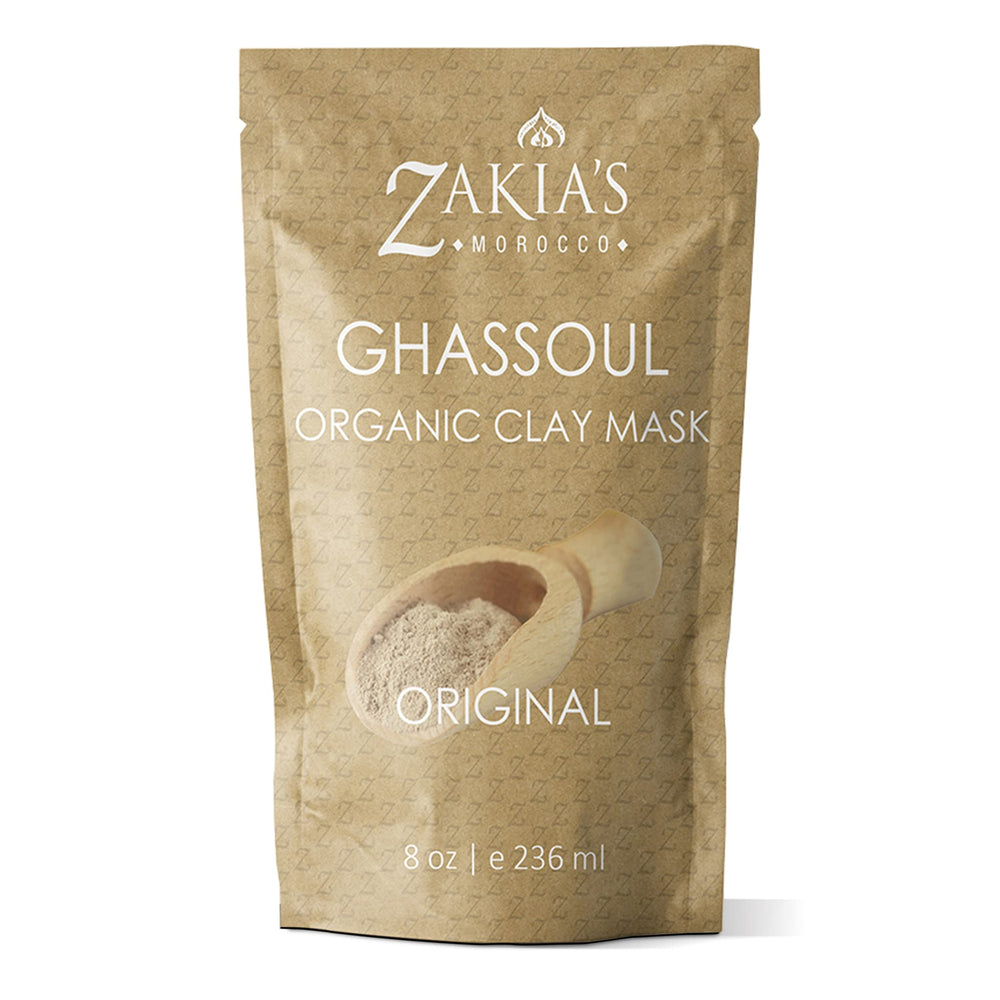 Zakia's Morocco Ghassoul Clay Mask jar closeup highlighting pure organic formula for gentle detox