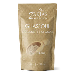 Zakia's Morocco Ghassoul Clay Mask jar closeup highlighting pure organic formula for gentle detox