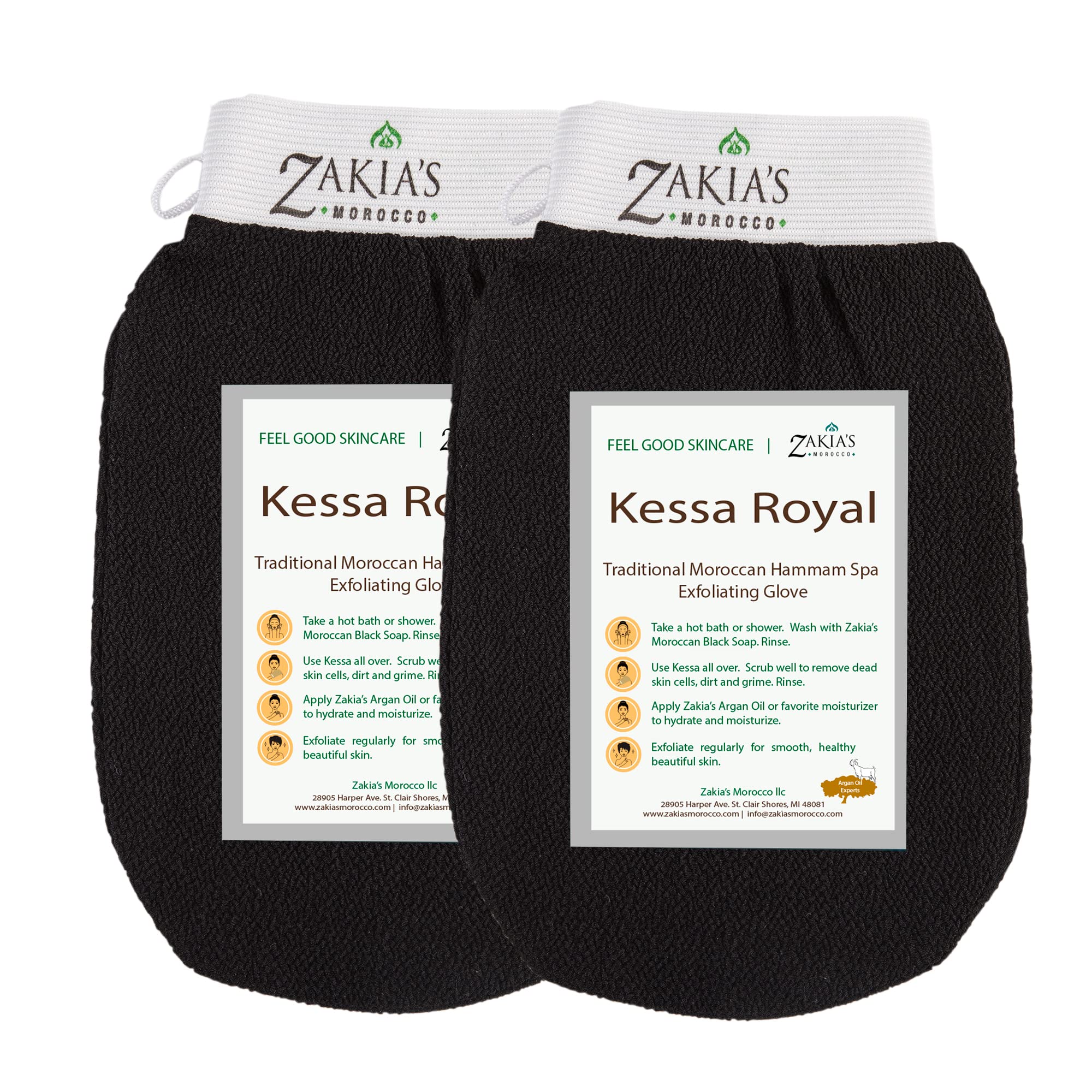 Zakia's Morocco Kessa glove pack in black for at-home exfoliation and smoother skin.