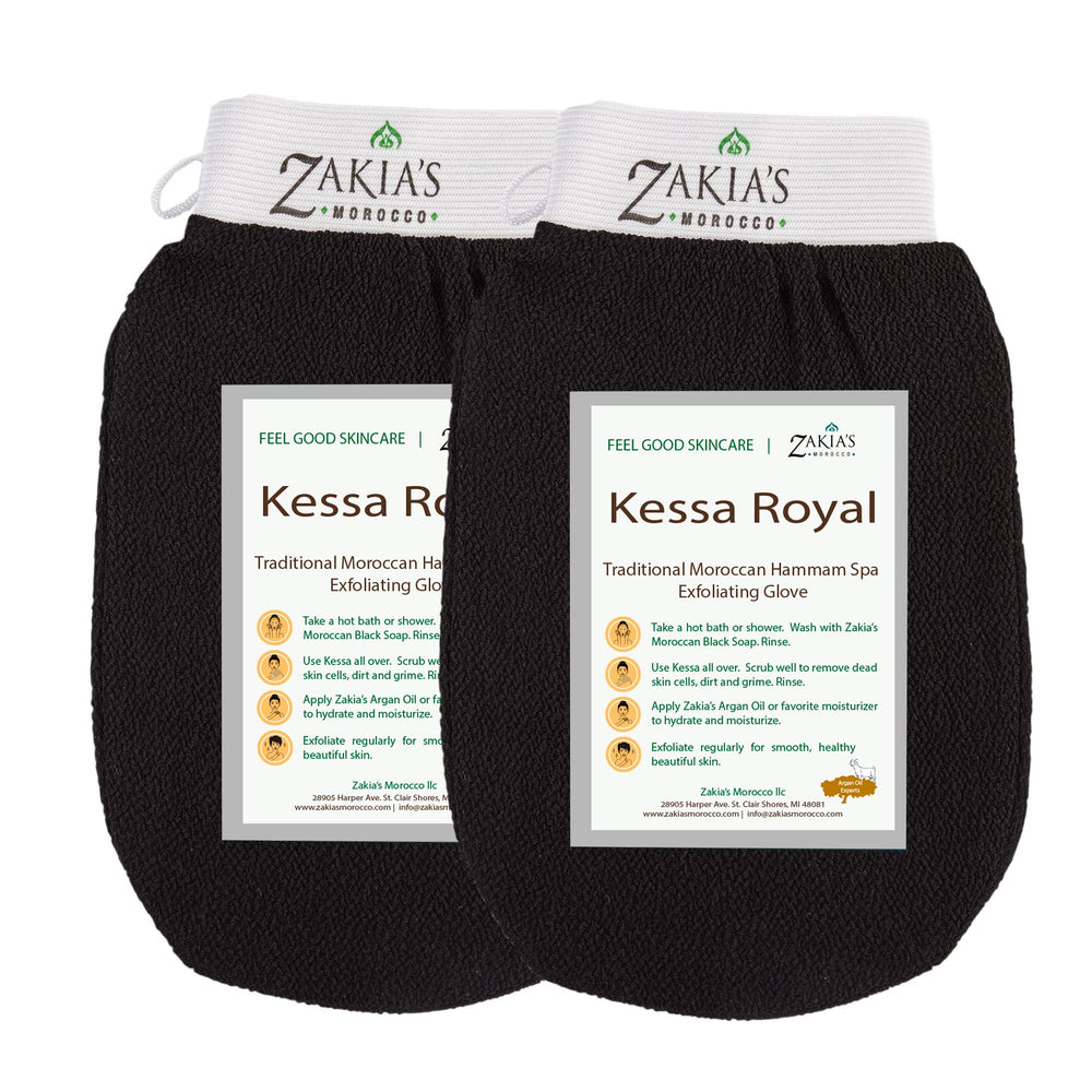 Zakia's Morocco Kessa glove pack in black for at-home exfoliation and smoother skin.