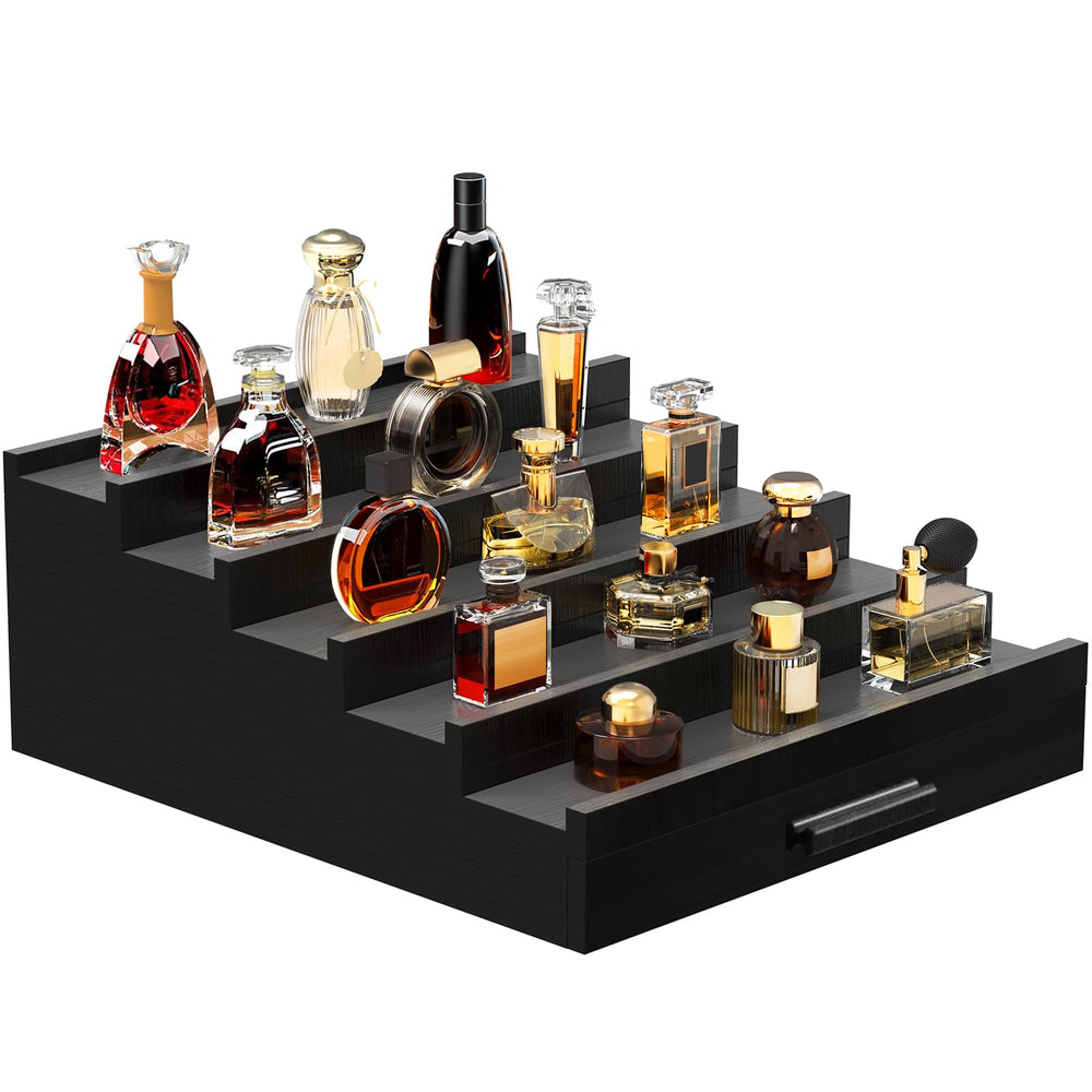 Zaldia Zalida wooden cologne organizer in black front view for organized fragrance display