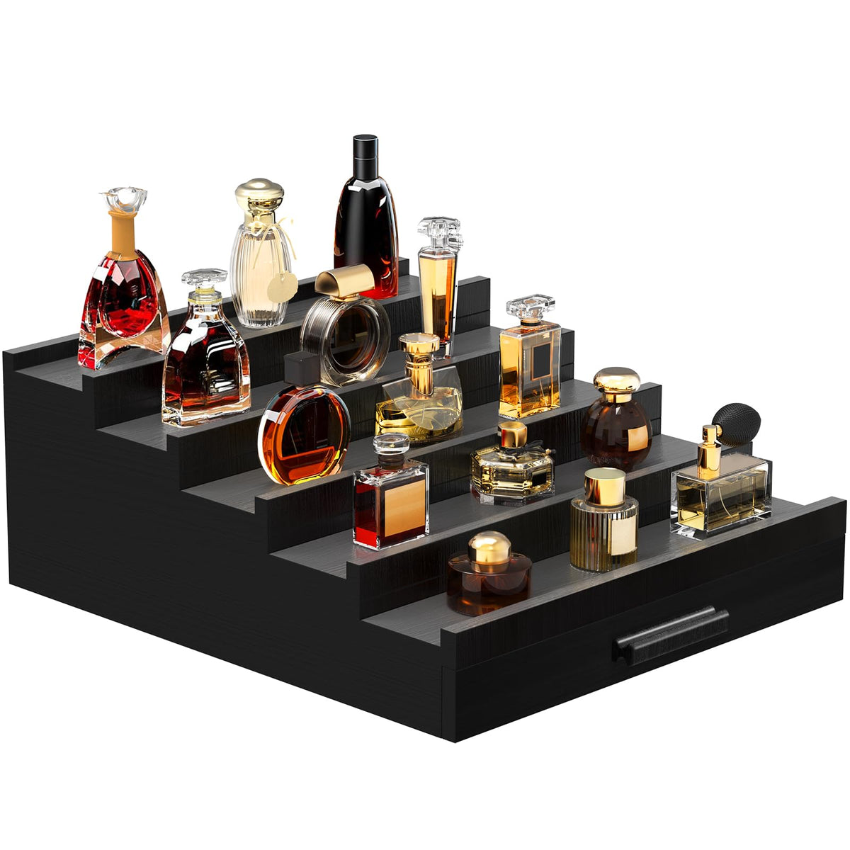 Zaldia Zalida wooden cologne organizer in black front view for organized fragrance display