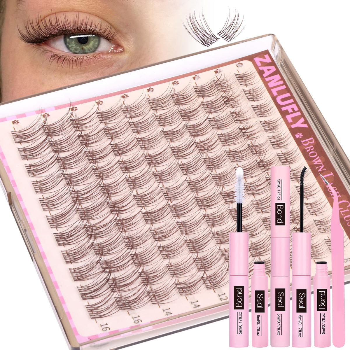 ZANLUFLY brown lash clusters kit 8-16mm showing natural length options for subtle enhancement.