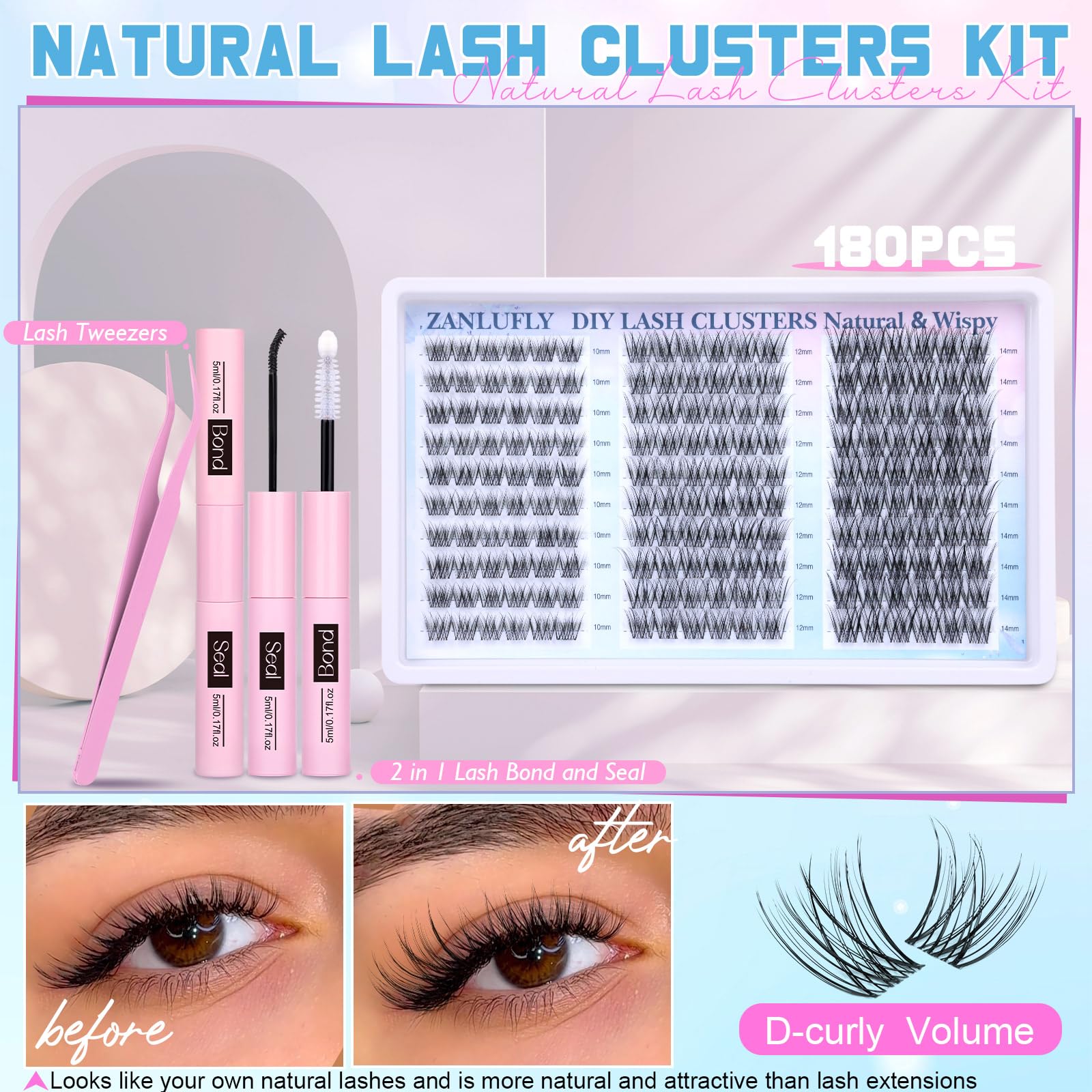 Zanlufly DIY lash extension kit spread showing complete at‑home styling options.