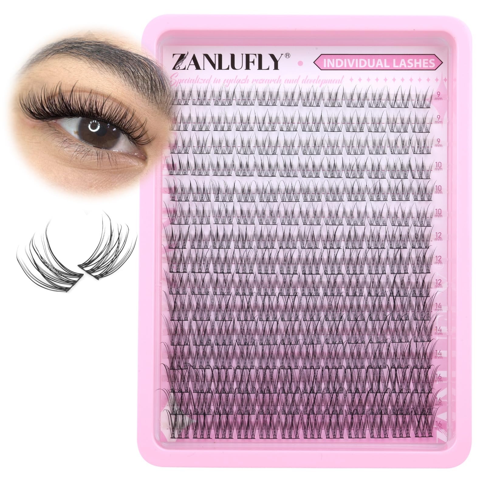 Zanlufly lash clusters 16mm-d-curly offer dramatic lift with a 3D curl effect.