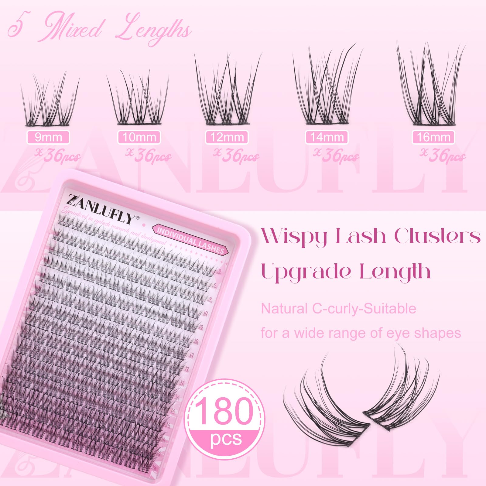 Zanlufly lash clusters 9mm-wispy deliver lightweight volume for subtle enhancement.