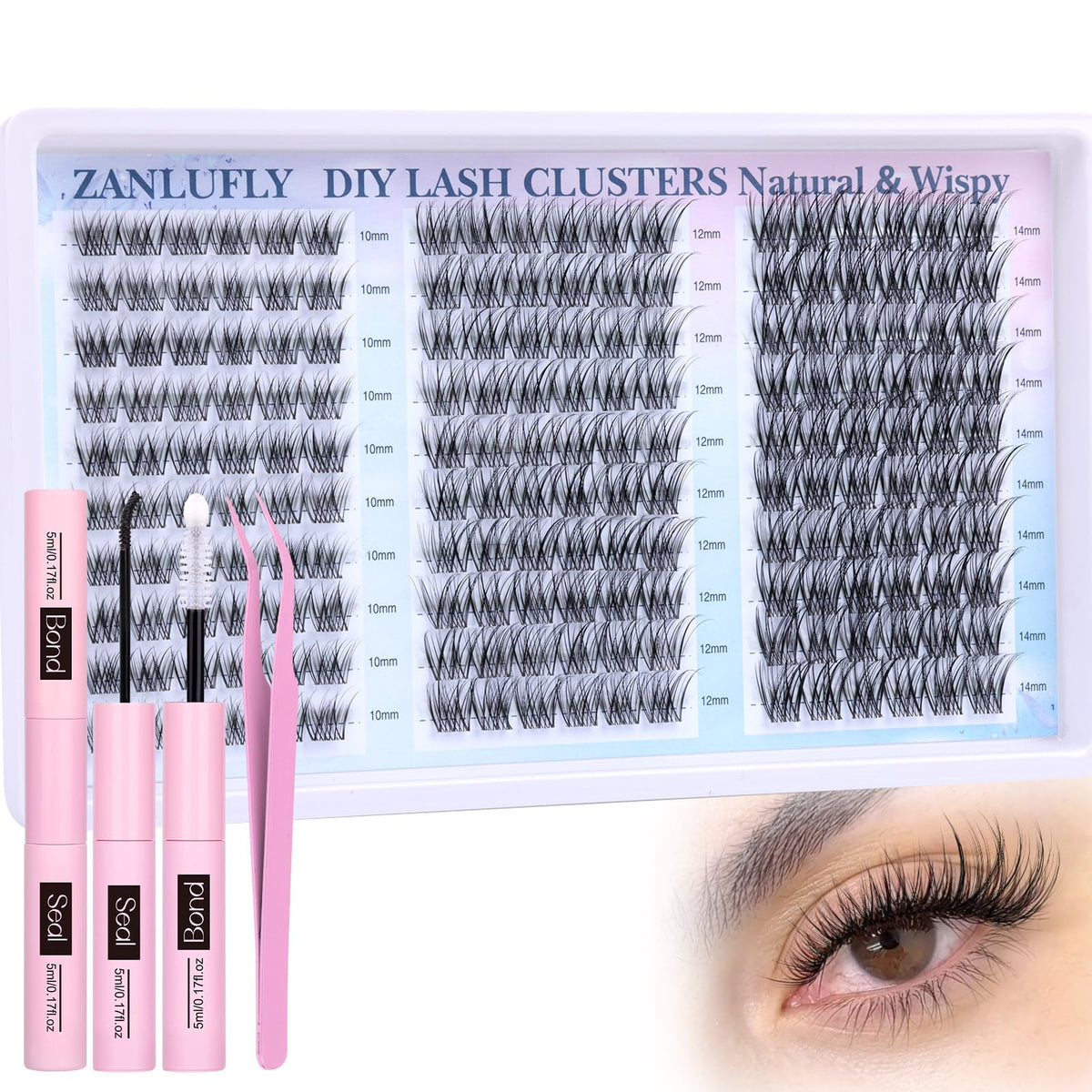 Zanlufly wispy lash clusters kit closeup for a natural, lightweight lashes look.