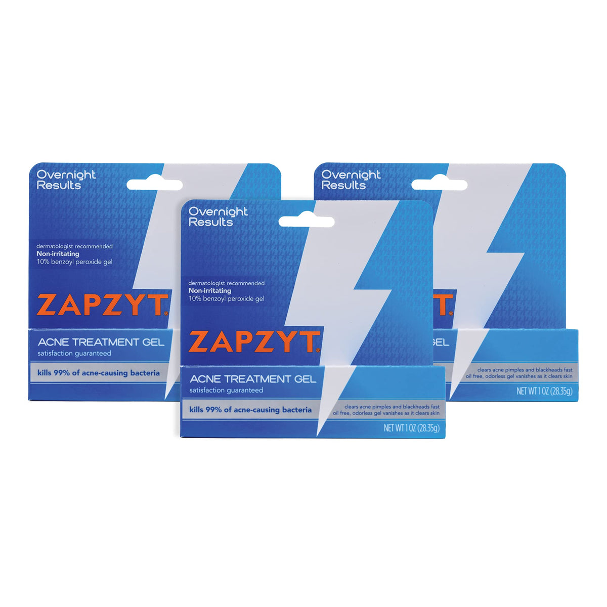 Zapzyt benzoyl peroxide gel tube front view for quick, targeted treatment.