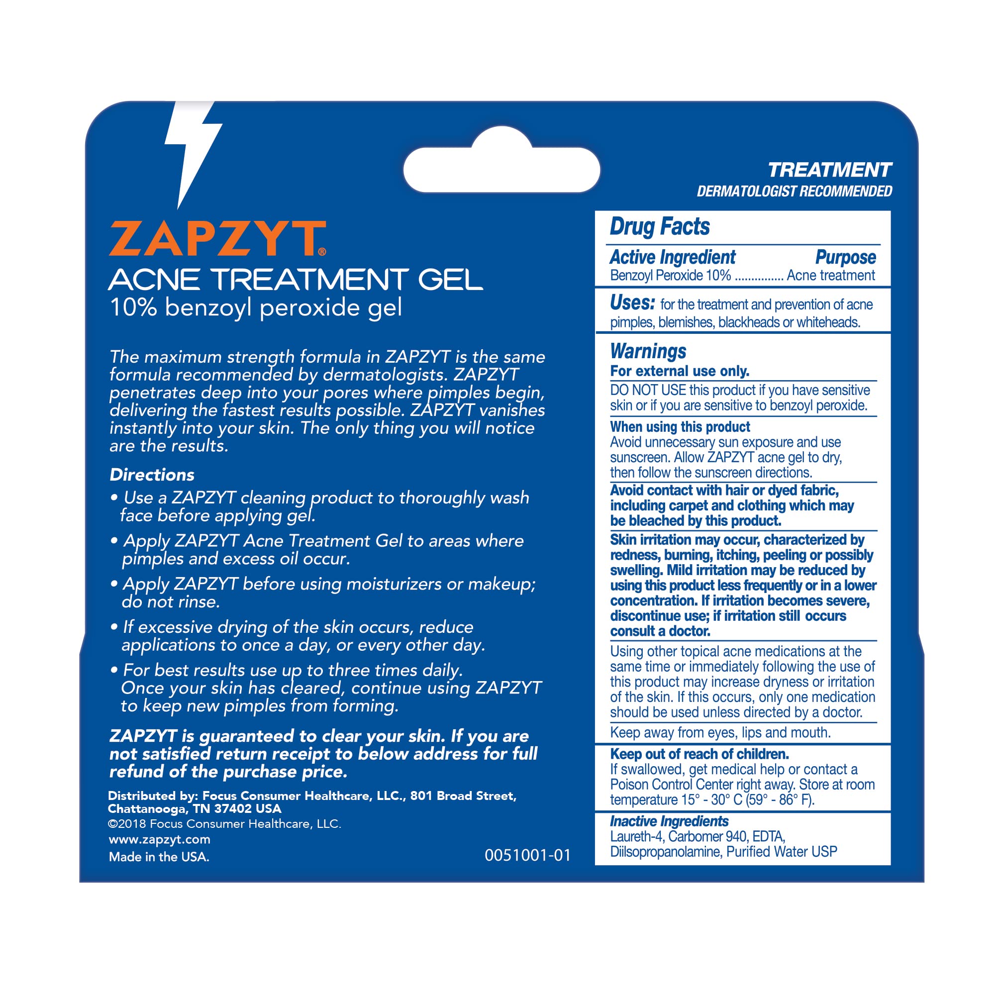 Zapzyt benzoyl peroxide gel tube side view showing compact packaging for travel.