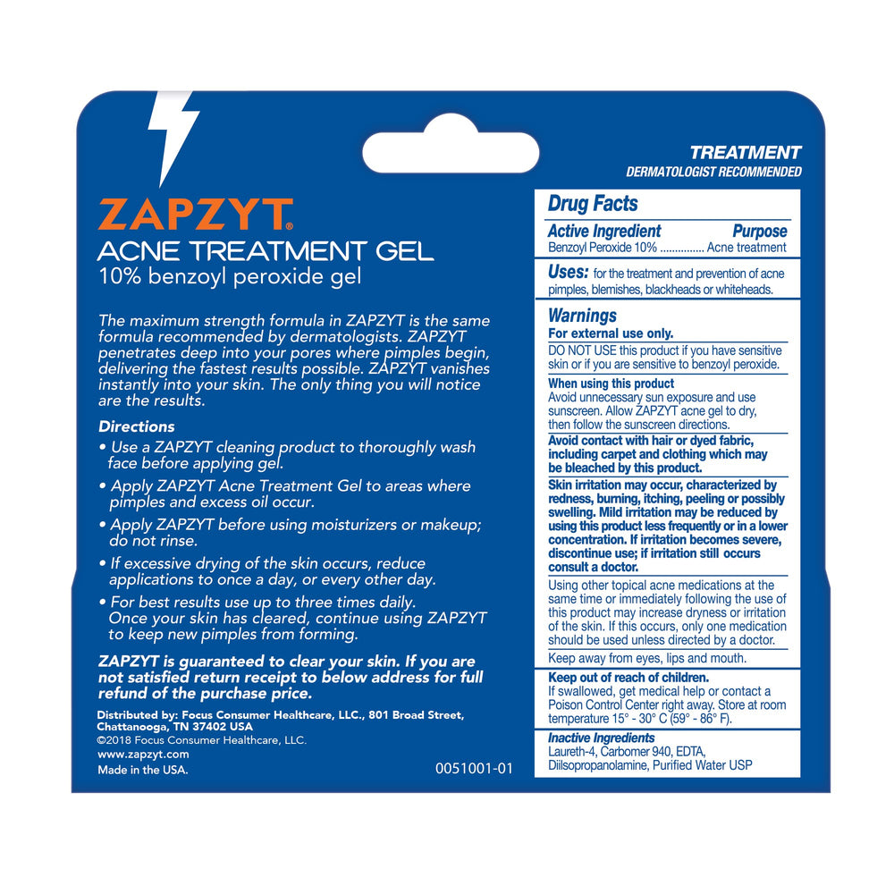 Zapzyt benzoyl peroxide gel tube side view showing compact packaging for travel.