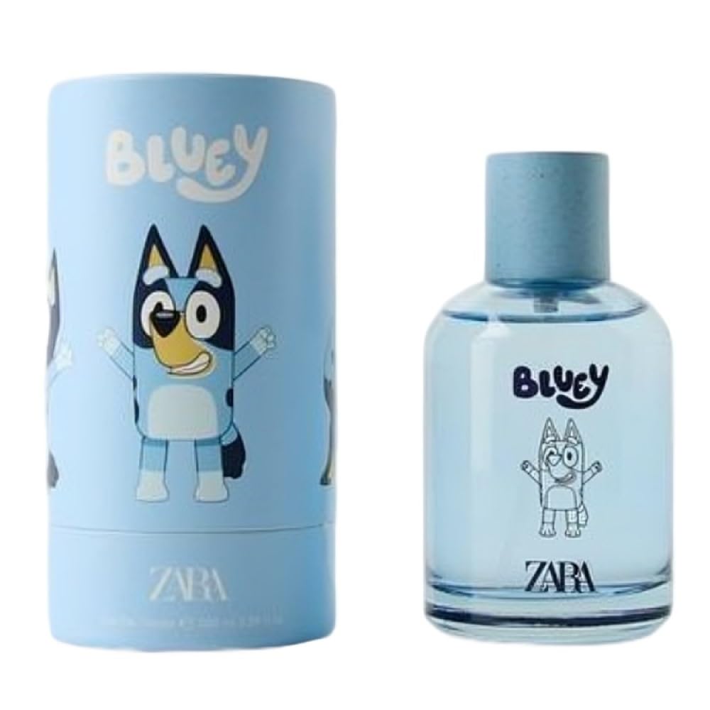Zara Kids Bluey Ludo Studio bottle closeup highlights a citrus-woody scent for daily wear
