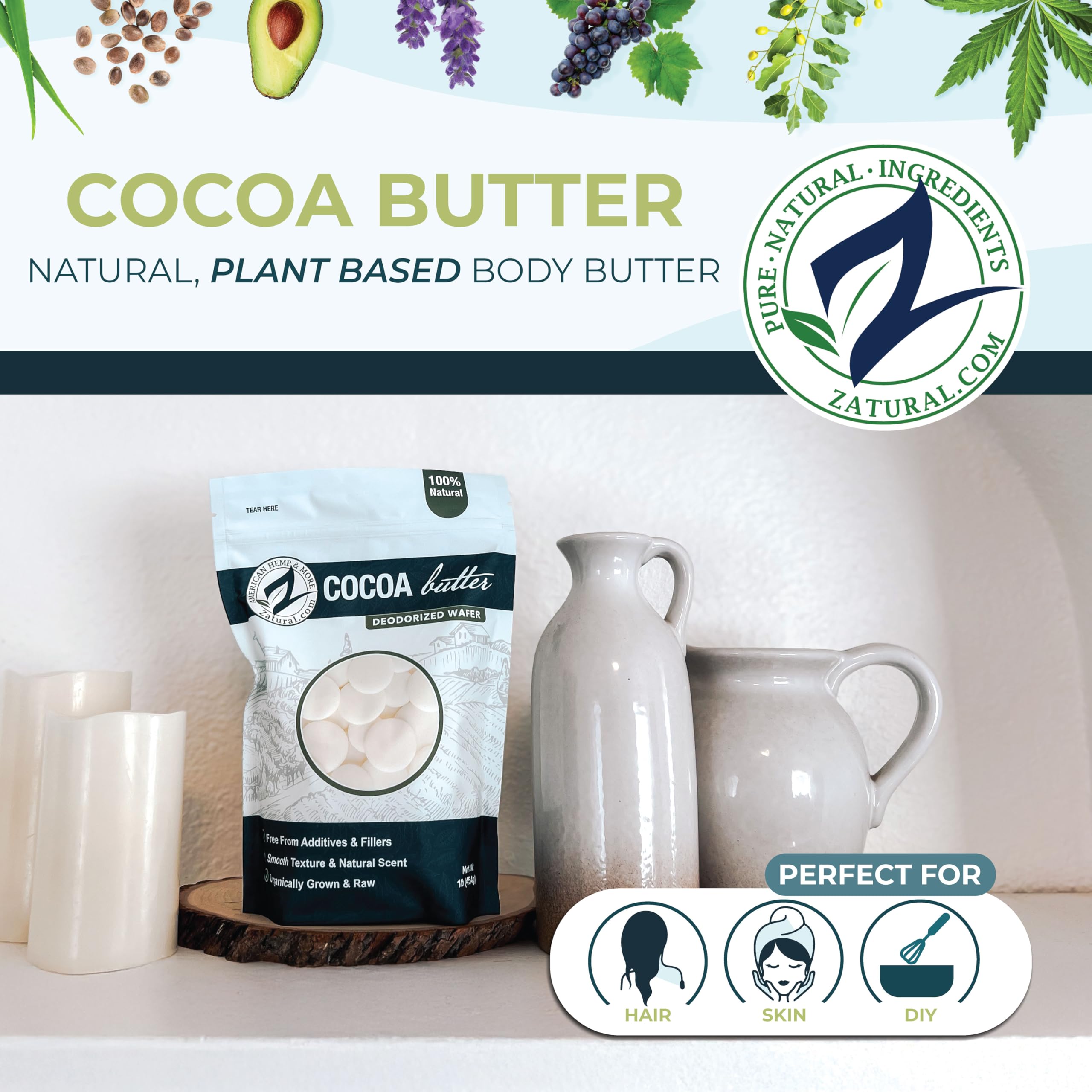 Zatural raw cocoa butter wafers used in DIY skincare like lotions and balms