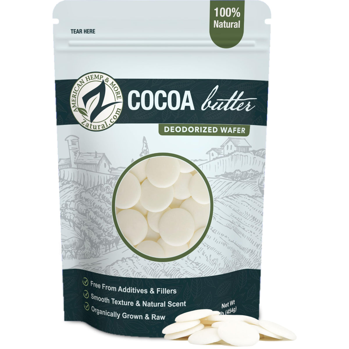 Zatural raw cocoa butter wafers packaging in resealable pouch for easy storage