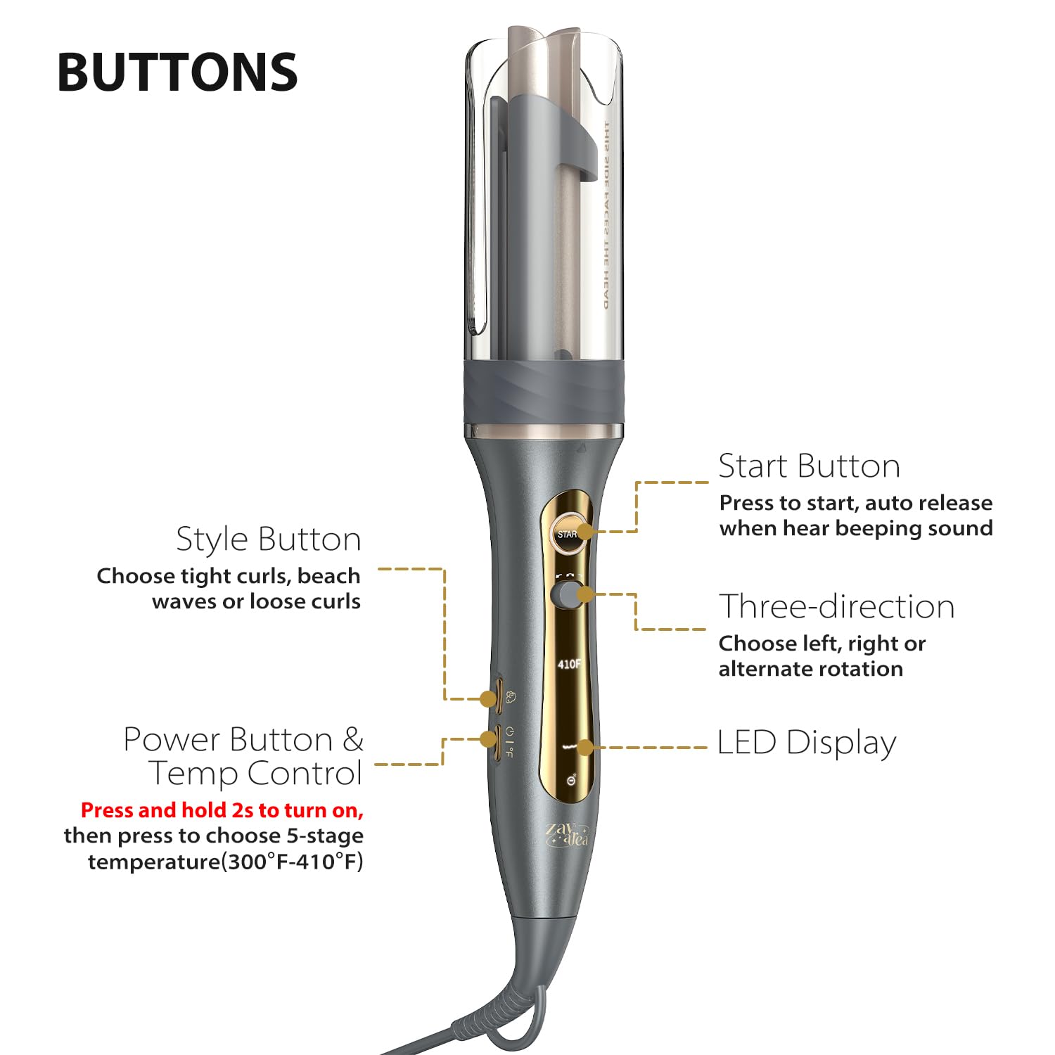 Zavarea anti-scald safety shield visible on curling iron