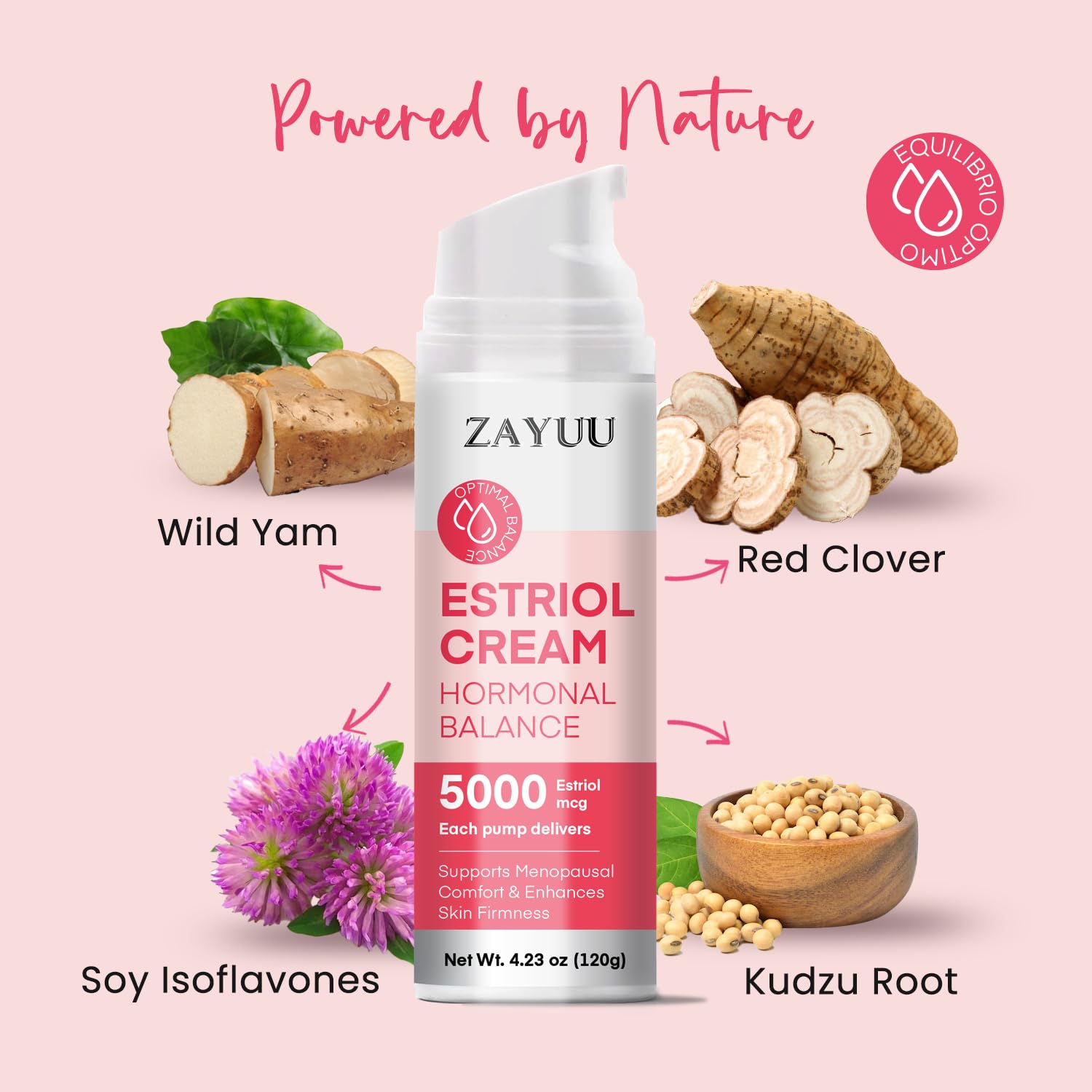 ZAYUU Red Clover and Soy Isoflavones illustration suggests daily radiance and skin resilience.