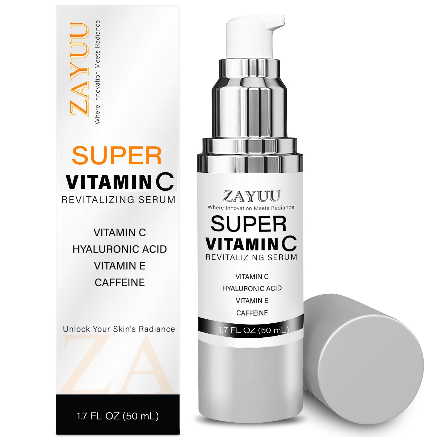 ZAYUU Super Vitamin C Face Serum bottle close-up showing hydrating skincare for mature skin