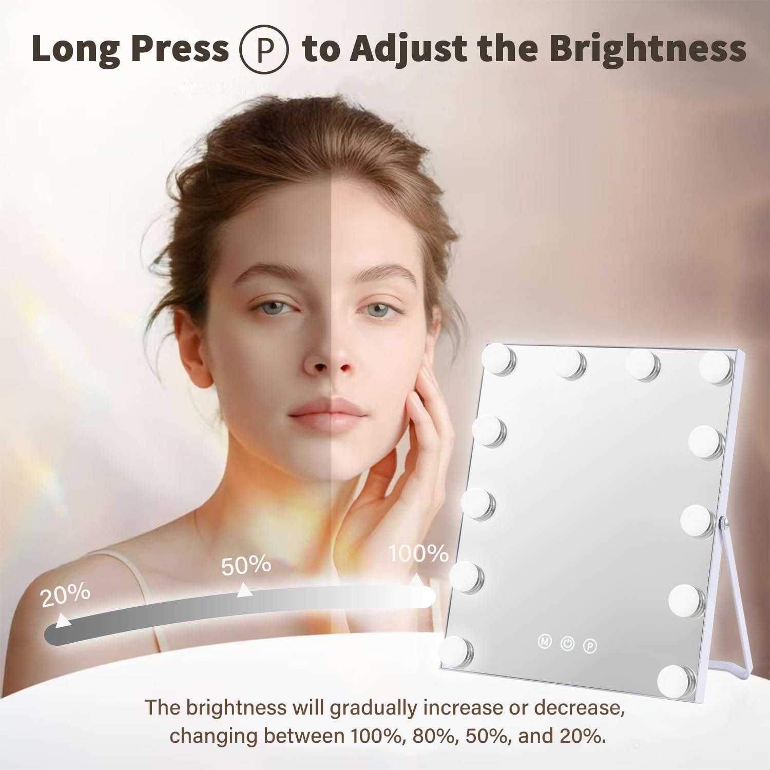 ZBOCAI makeup mirror smart touch closeup showing brightness control