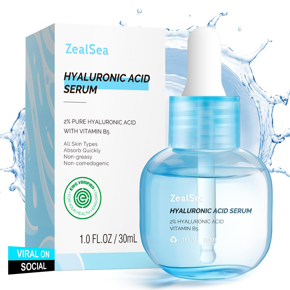ZealSea Hyaluronic Acid Serum bottle pour showing hydration boost for plump, dewy skin