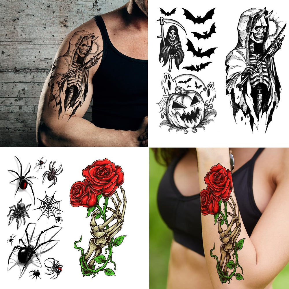 Zeecdatoo large half-arm sleeve tattoos create dramatic Halloween looks.