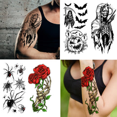 Zeecdatoo large half-arm sleeve tattoos create dramatic Halloween looks.