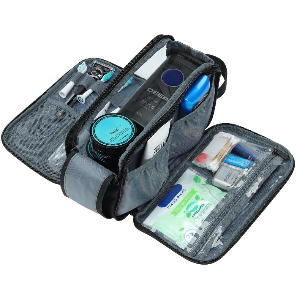 ZEEMO interior organizes brushes, razors, and trimmers with elastic bands and mesh pockets.
