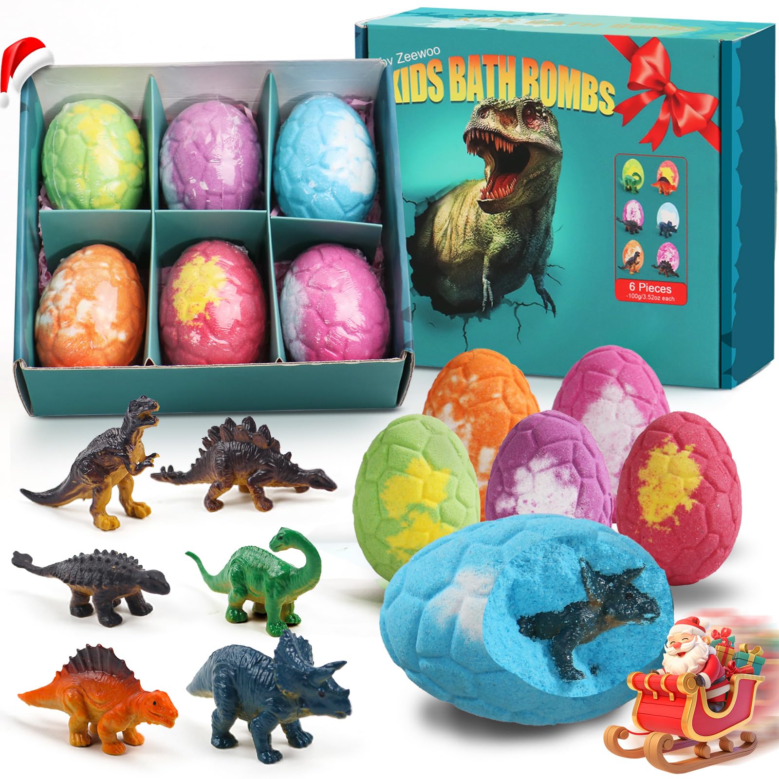 Zeewoo bath bombs six-pack with colorful colors and hidden dinosaur toys for sparkling baths.
